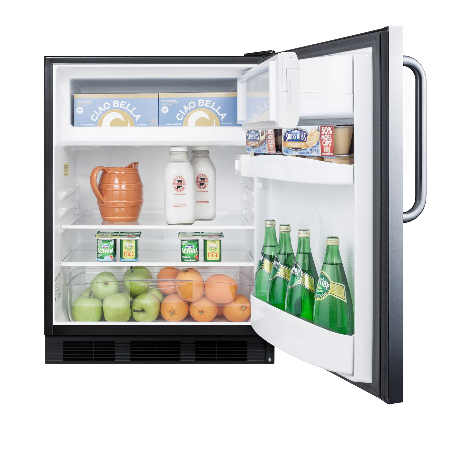 Built-in undercounter ADA compliant refrigerator-freezer for general purpose use, w/dual evaporator cooling, cycle defrost, SS door, TB handle, black cabinet